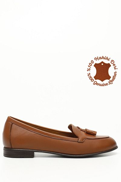 GÖNDERİ(R) Women / Girls Tan Antique Tasseled Genuine Leather Ballerinas