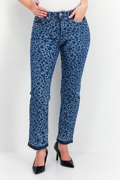 Guess Women Regular Fit Animal Pattern Denim Jeans, Blue