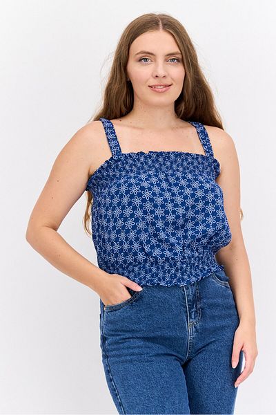 Riley & Rae Women Square Neck Sleeveless Allover Printed Tank Top, Blue
