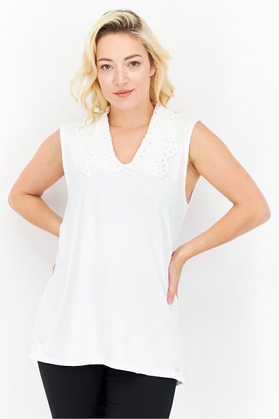 H by Halston Women V-neck Sleeveless Eyelet Tank Top, White