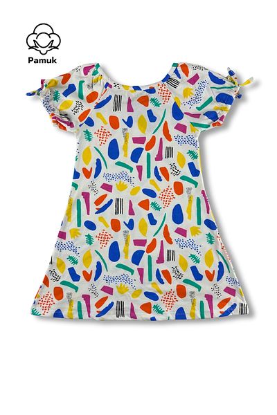 difa kids Colorful Patterned Girls' Summer Dress with Balloon Sleeves - Casual and Comfortable