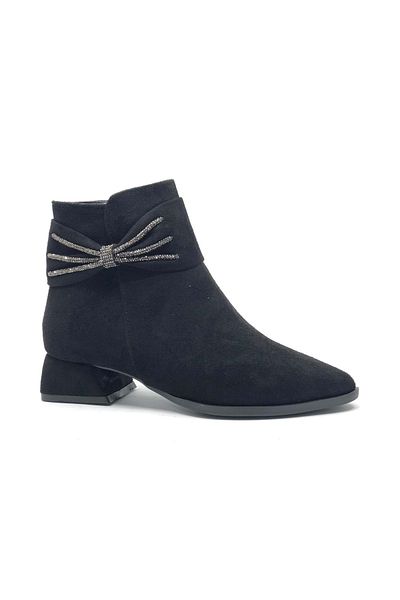 Kids Club Shoes Ασιατικές Κορδέλες Πέτρινες Λεπτομερείς Γυναικείες Μπότες Μαύρο-σουέντ