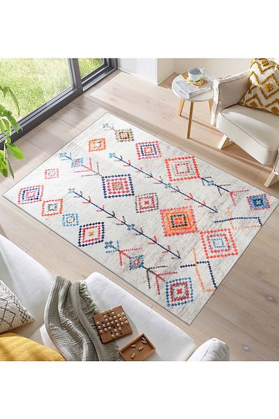 RENKLİBUTİK Modern Patterns Velvet Textured Elastic Sponge Non-Slip Washable Carpet Cover - 9 M2