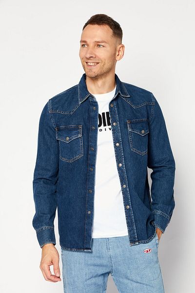 Diesel Men Long Sleeve Solid Denim Jacket, Navy Blue