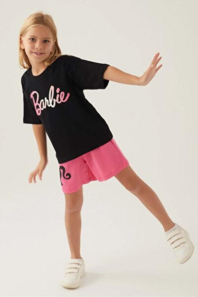 Barbie Αδειοδοτημένο L1703 Σετ κοριτσιού με μπλουζάκι και σορτς με σχέδιο, ΜΑΥΡΟ