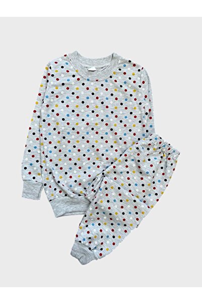 Fil Kids Детски памучен комплект пижама с дълги ръкави и сив десен с точки за...