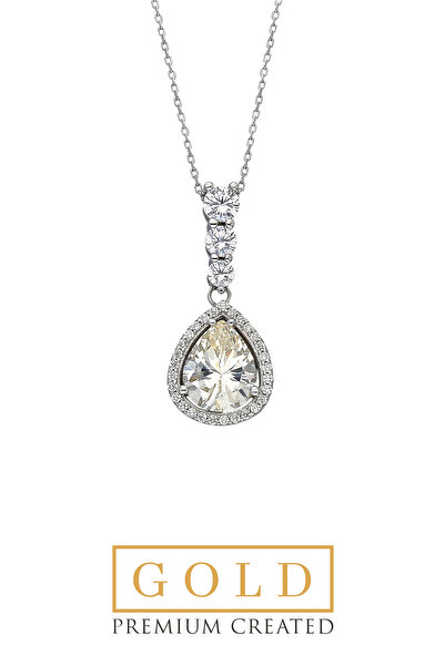 So CHIC... Beyaz Altın Sertifikalı Premium Created Damla Kesim Taşlı 42 Cm Tektaş Kolye