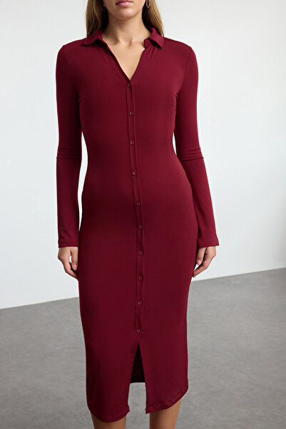 Trendyol Collection Claret Red Flexible Polo Collar Maxi Dress - Fitted Plain Cut Twoaw25El00529