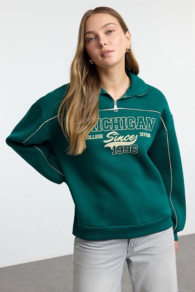 Trendyol Collection Smaragdově zelená oversize fleecová mikina - na zip, potištěná Twoaw24Sw00184