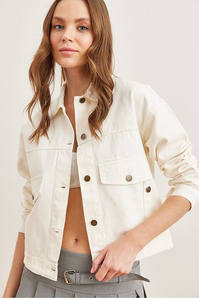 Olalook Weiße Crop-Baumwolljacke mit Knopfdetail – Damen, Tasche, CKT- 19000383