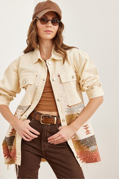 Olalook Stone Tan Ethnic Patterned – Lange Baumwoll-Gabardine-Damenjacke mit Taschen CKT- 19000386