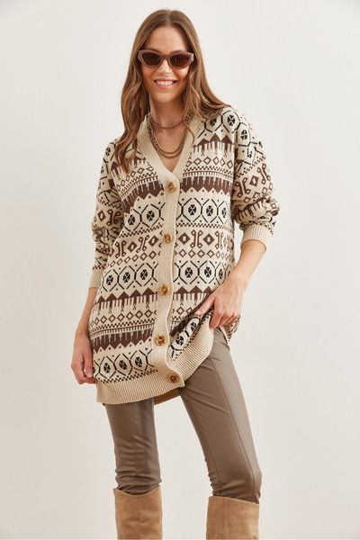 Olalook Ethnic Patterned Stone Brown Oversize Knitwear Women's Cardigan - Hrk- 19000300