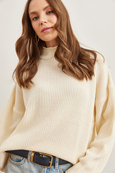 Olalook Ecru Curved Honeycomb Knitwear Women's Sweater - Cuff Collar Kzk- 19000825