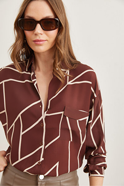 Olalook Cămașă asimetrică Viscon de culoare maro pentru femei - GML cu un singur buzunar- 19000890