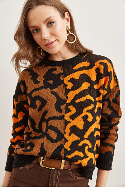 Olalook Pulover de damă cu blocuri de leopard portocaliu - KZK- 19000832
