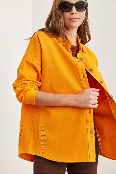 Olalook Kadın Turuncu Tek Cepli Yırtık Detaylı Pamuk Gabardin Ceket CKT-19000387