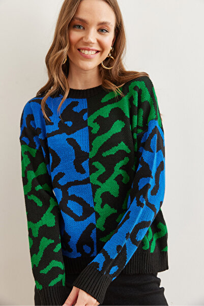 Olalook Kadın Saks Mavi Leopar Bloklu Triko Kazak KZK-19000832