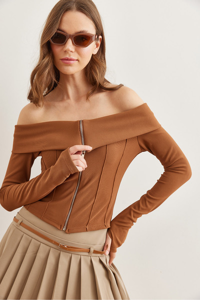 Olalook Corded Brown Madonna Blouse - Zippered and Stitching Detail Blz- 19002744