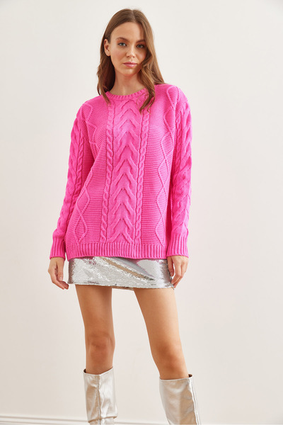 Olalook Pulover de damă fucsia - KZK- cu detaliu de tricotat de păr 19000831