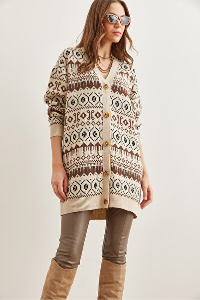 Olalook Ethnic Patterned Stone Brown Oversize Knitwear Women's Cardigan - Hrk- 19000300