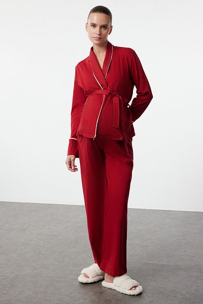 Trendyol Collection Claret Red Belted 100% bavlna lemovka Těhotenské pletené pyžamo Set Thmaw25Pt00148