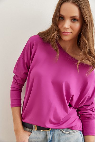 Olalook Lila Viskose-Bluse mit Rundhalsausschnitt – Fledermauswurf, BLZ- 19002588