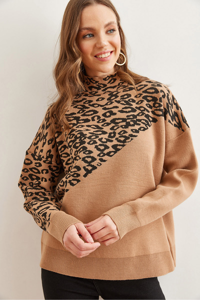 Olalook Tan Leopard Patterned Women's Knitwear Sweater - Blocked Kzk- 19000811