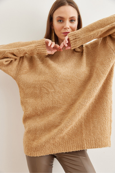Olalook Дамски пуловер с мека текстура и мека текстура в камилски цвят - 19000828