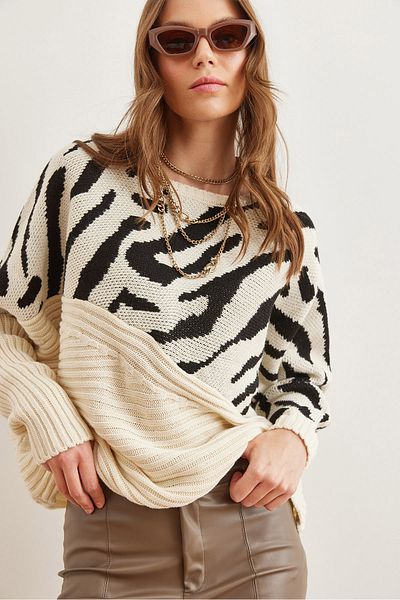 Olalook Ecru Zebra Detailed Women's Knitwear Sweater - Kzk- 19000819