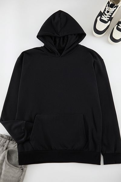 Edit by Trendyol Unisex Μαύρο φούτερ με κουκούλα - Μακρυμάνικο, Ζεστό τύπωμα, TEDAW25SW00054