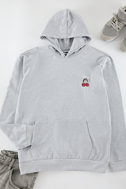 Edit by Trendyol Unisex šedá oversize mikina s kapucí – dlouhý rukáv, teplý potisk, Tedaw25Sw00055