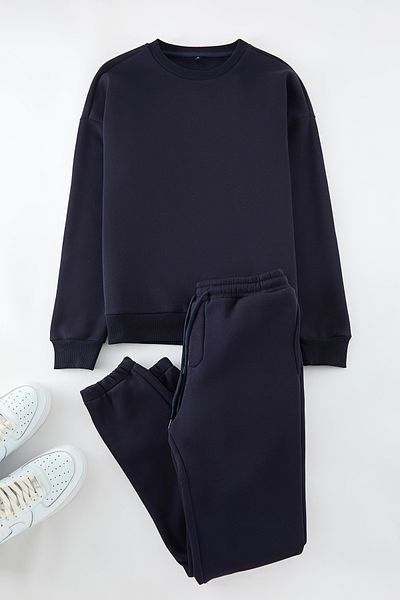 Edit by Trendyol Φούτερ Navy Blue Oversize - Φούτερ και ανδρικά σορτς 3 τεμαχίων TEDAW25EM00003