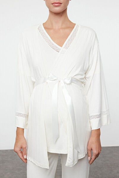 Trendyol Collection Ecru Breastfeeding Knitted Maternity & Maternity Dressing Gown-Pyjama Set Set of 3 Tbbaw25Ai00072