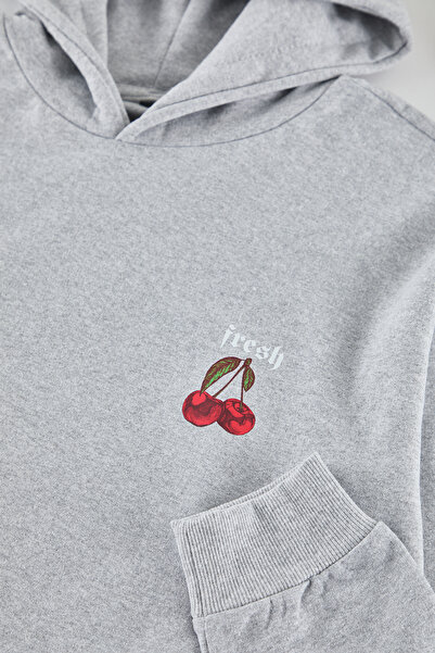 Edit by Trendyol Unisex šedá oversize mikina s kapucí – dlouhý rukáv, teplý potisk, Tedaw25Sw00055