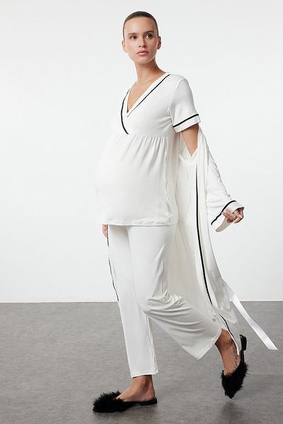 Trendyol Collection Ecru Knitted Dressing Gowns-Pajamas Set for Pregnant and Maternity 3 Pieces - Tbbaw25Ai00073