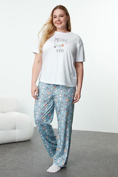 Trendyol Curve Knitted Pajama Set Blue Cat Pattern - Tbbaw25ai00078
