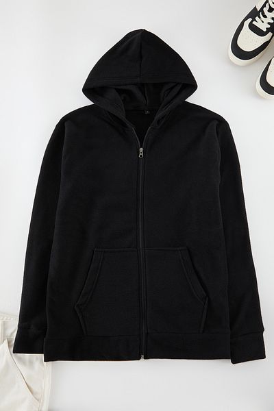 Trendyol Collection Μαύρη κανονική/κανονική εφαρμογή Βασική ζακέτα με φερμουάρ ζεστή φλις/φούτερ TMNAW25SW00183