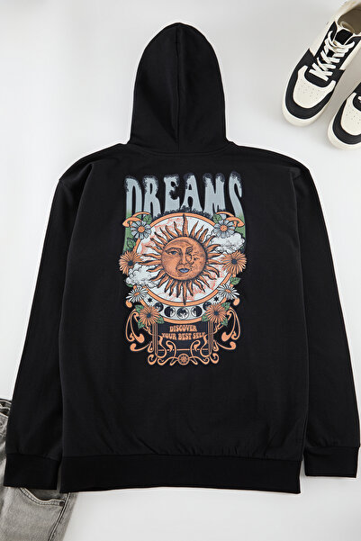 Edit by Trendyol Унисекс черен голям суитшърт с качулка - дълъг ръкав, топъл принт, Tedaw25Sw00054