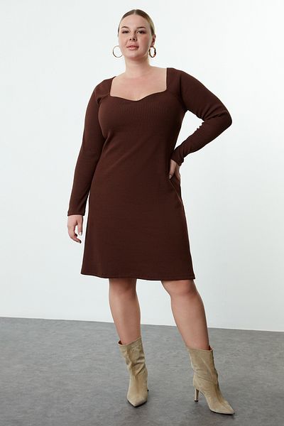 Trendyol Curve Καφέ Καμισόλ Πλεκτό Φόρεμα Plus Size