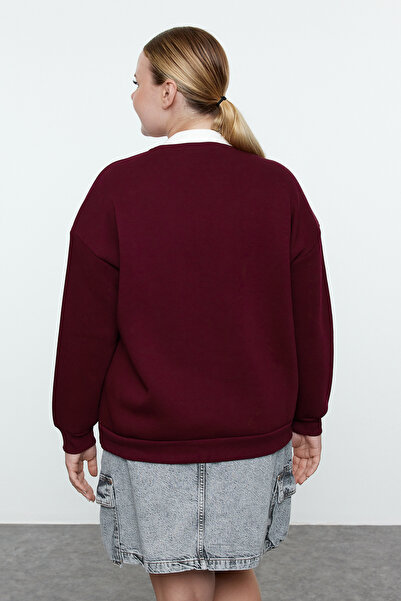 Trendyol Curve Bordó belső gallérral levehető, hímzett, széles szabású, nagyméretű kötött pulóver