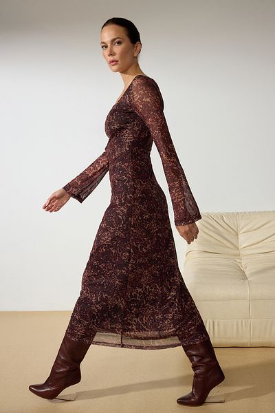Trendyol Collection Кафява шарена плетена рокля по тялото - квадратна яка, вталена TWOAW25EL00123
