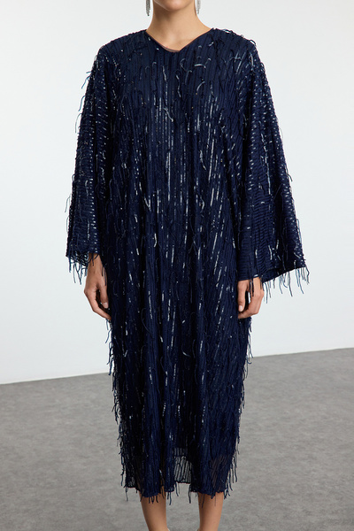 Trendyol Modest Granatowa cekinowa sukienka wieczorowa Jalabiya Dress Tctaw25Db00009