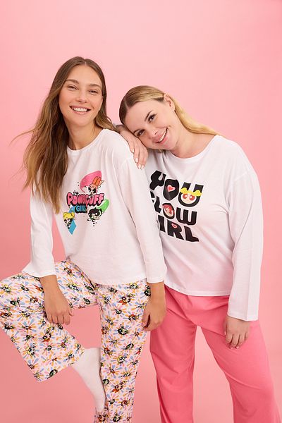Trendyol Collection Set pijamale tricotate alb 100% bumbac cu licență Powerpuff Girls THMAW25PT00152