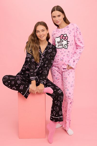Trendyol Collection Hello Kitty Pink Licensed 100% βαμβακερό πλεκτό σετ πιτζάμες - THMAW25PT00151