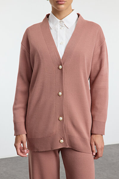 Trendyol Modest Pletený svetr a kalhoty ze sušených růží - perlový knoflík Tctaw24Us00037