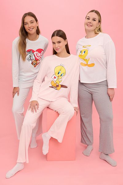 Trendyol Collection Tweety Licensed rózsaszín 100% pamut kötött pizsama szett THMAW25PT00155