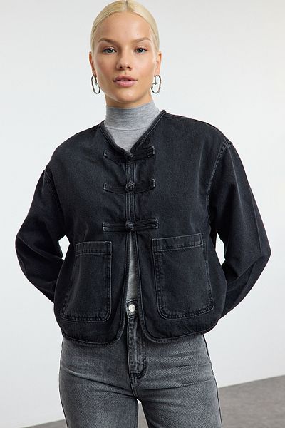 Trendyol Collection Черен деним с вратовръзка отпред - Устойчиво яке Twoaw25Ce00001