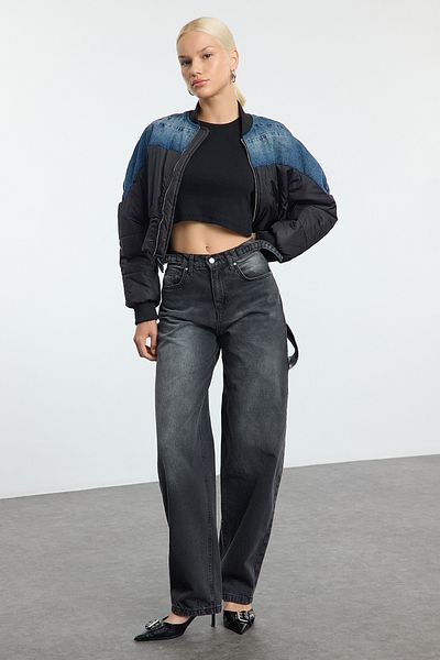 Trendyol Collection Anthrazitfarbene Carpenter-Skater-Jeans mit hoher Taille – locker sitzende, nachhaltige TWOAW24JE00308