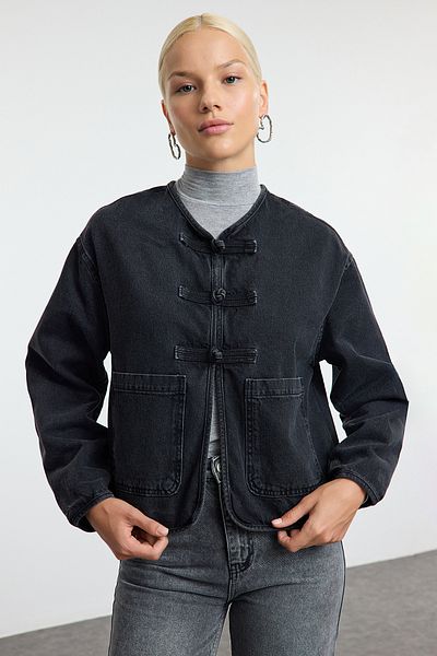 Trendyol Collection Черен деним с вратовръзка отпред - Устойчиво яке Twoaw25Ce00001