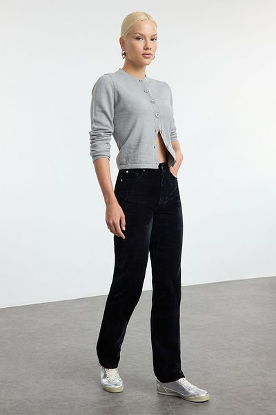Trendyol Collection High Waist Black Suede Look Straight Jeans - Twoaw25Je00194